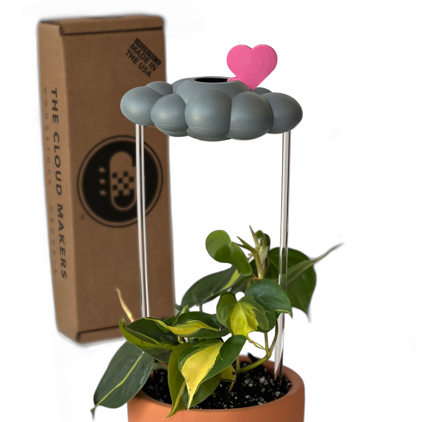 THE CLOUD MAKERS Stormy dripping raincloud for plants with pink heart charm