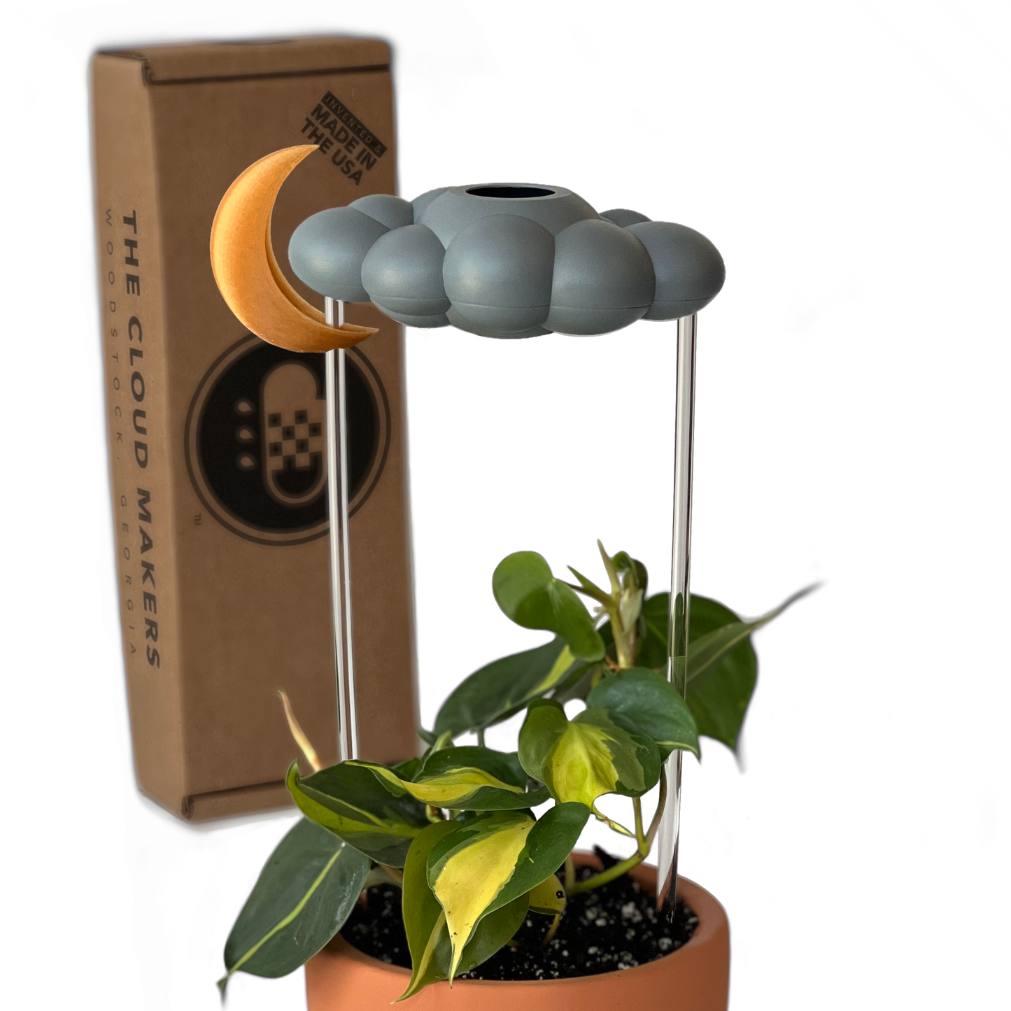 THE CLOUD MAKERS Stormy dripping raincloud for plants with gold moon charm