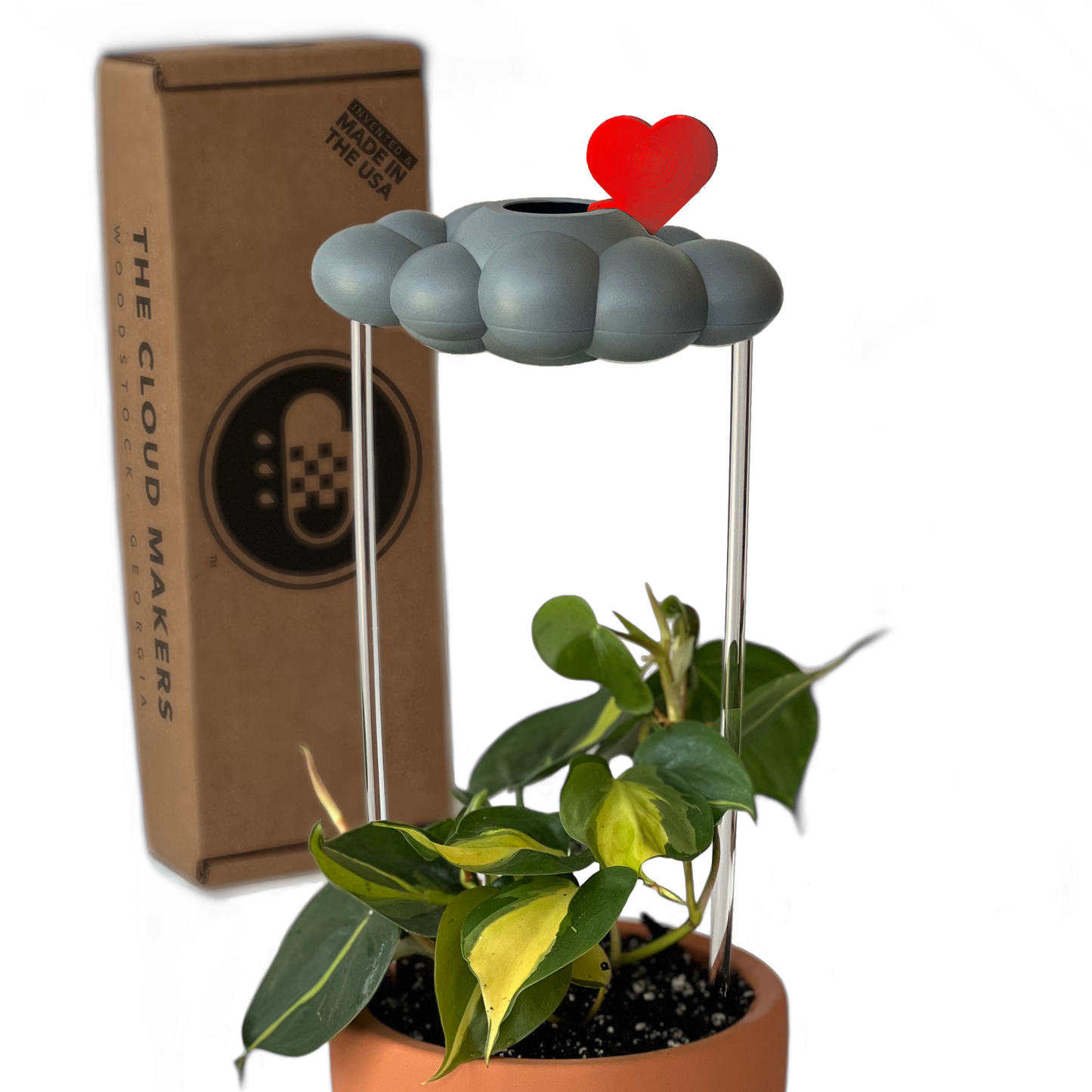 THE CLOUD MAKERS Stormy dripping raincloud for plants with red heart charm