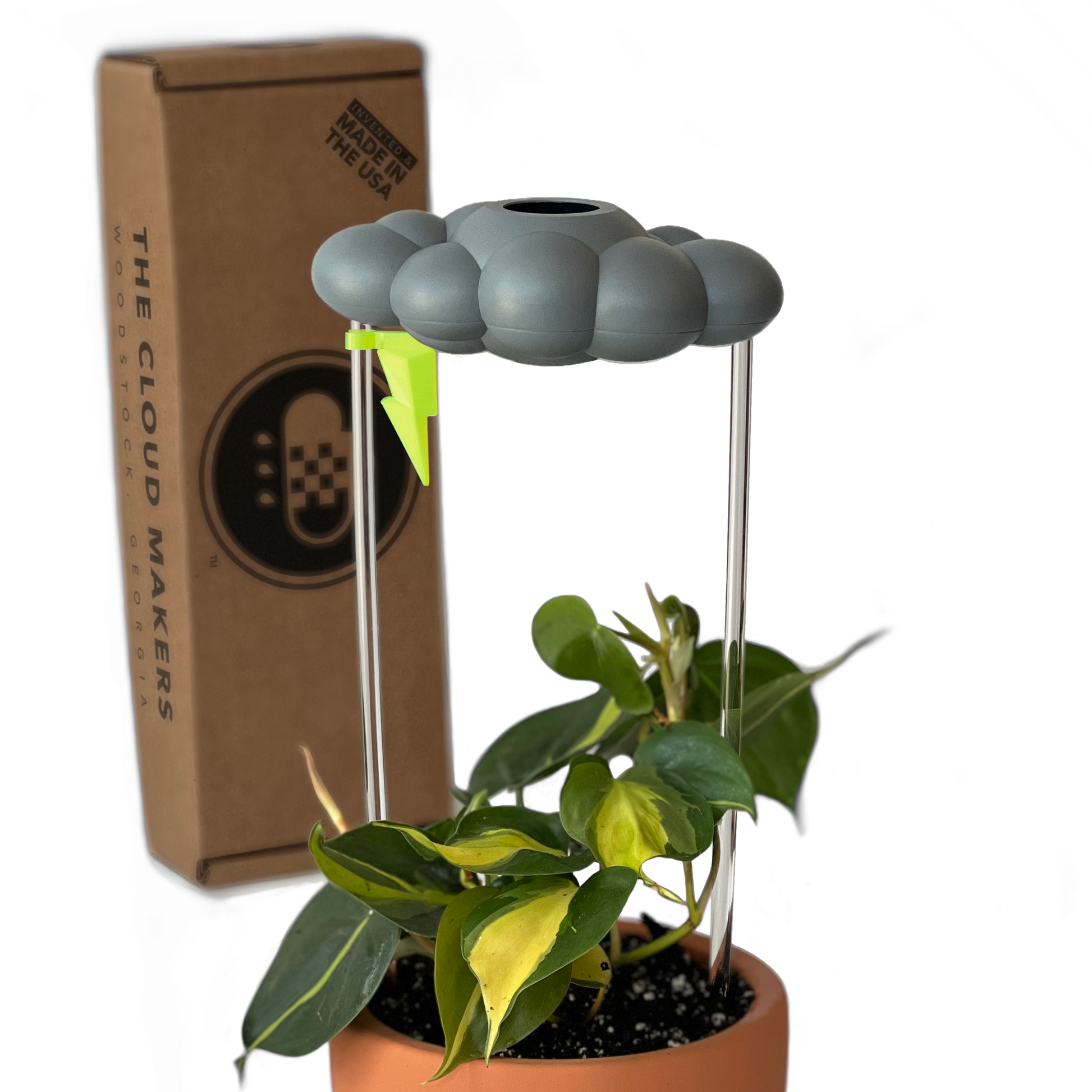 THE CLOUD MAKERS Stormy dripping raincloud for plants with neon lightning bolt charm