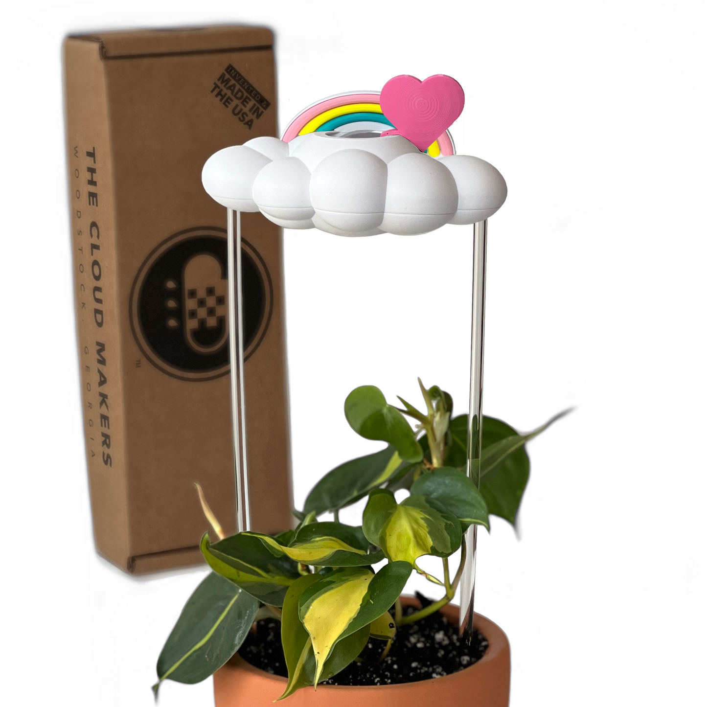 THE CLOUD MAKERS dripping raincloud for plants with pink heart and pastel rainbow charms