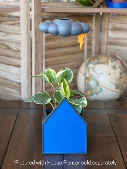 Stormy dripping rain cloud by THE CLOUD MAKERS with lightning bolt charm in blue house planter